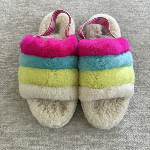 UGG Fluff Yeah Slide Stripe Neon Multi Rainbow Plush Slippers Womens US 6 - Picture 2 of 7